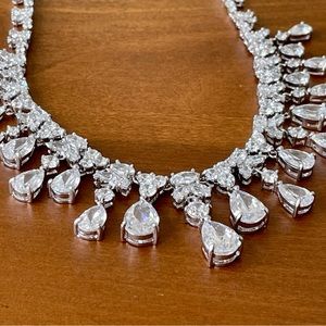 Silver Tone Multi Teardrop Clear Crystal Statement Necklace Bridal Choker